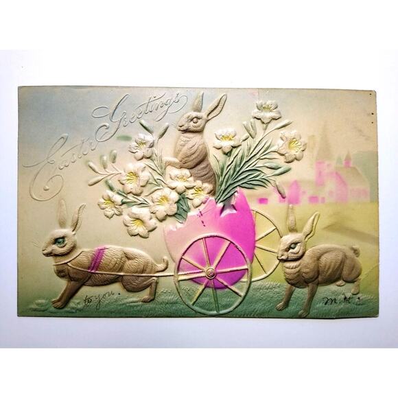 Easter Postcard Raised Image Rabbits Haul Egg Cart Buggy Fantasy 1908 Airbrushed - Picture 1 of 3